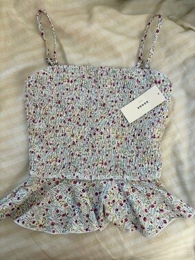 Geode Floral Smocked Peplum Tankini Top — White with Pink Floral